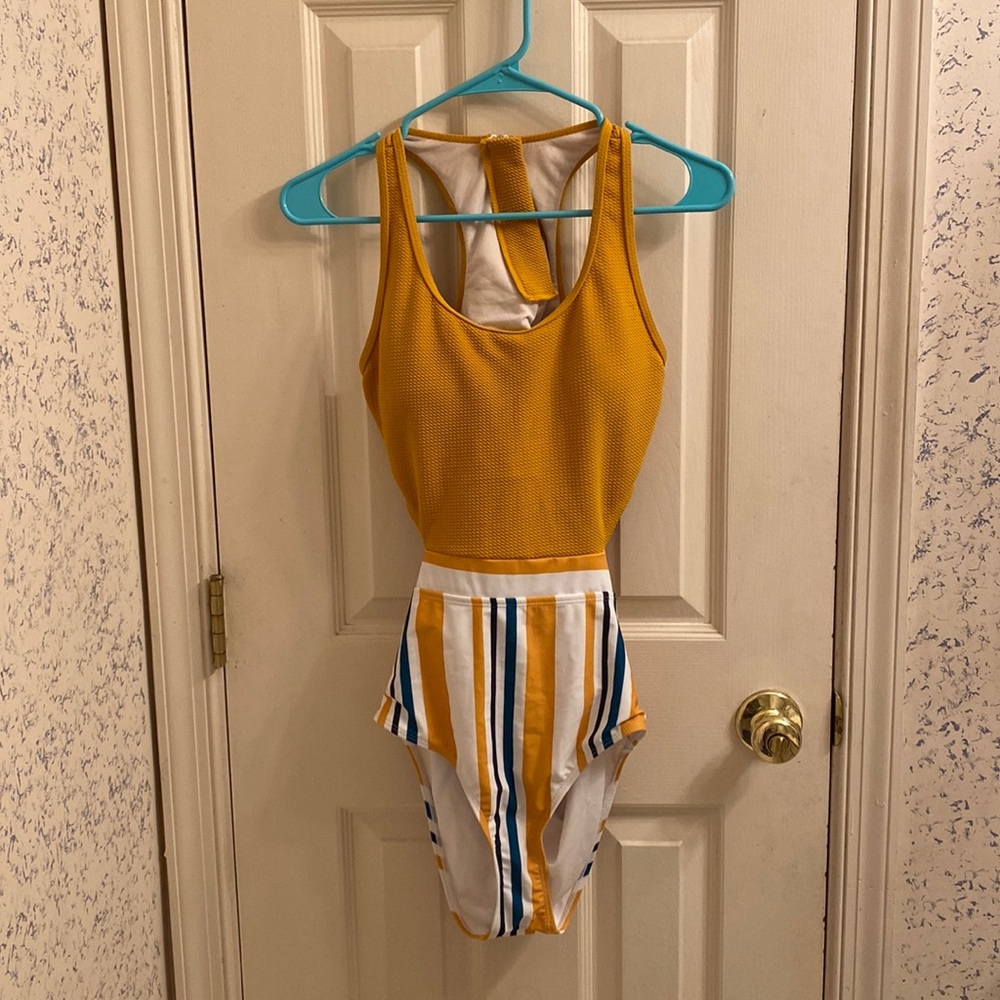 Yellow striped cut out swimsuit